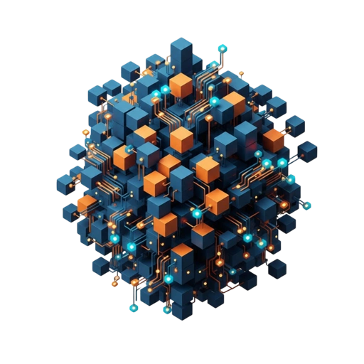 IOWarp’s lattice mark, with blue cubes, copper cores, and cyan connections