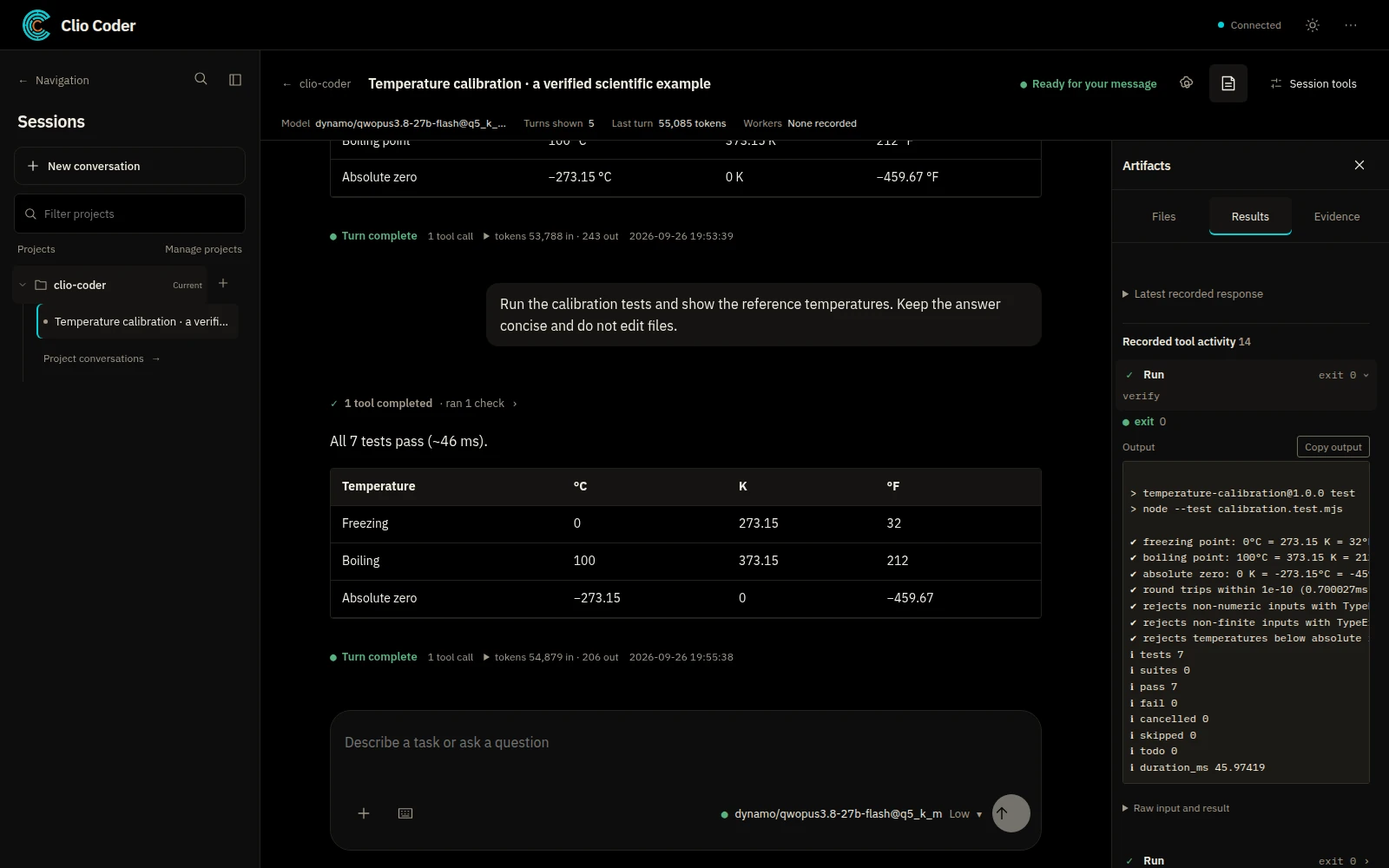 Clio Coder showing seven passing temperature-calibration tests beside recorded verification results