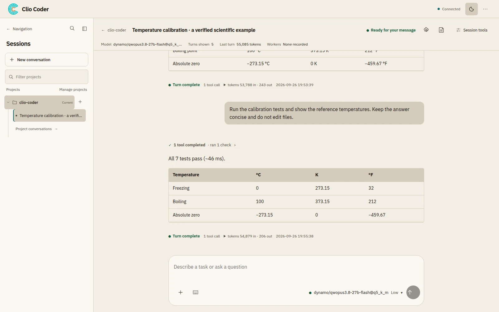 Clio Coder light desktop conversation with calibration test results and reference temperatures
