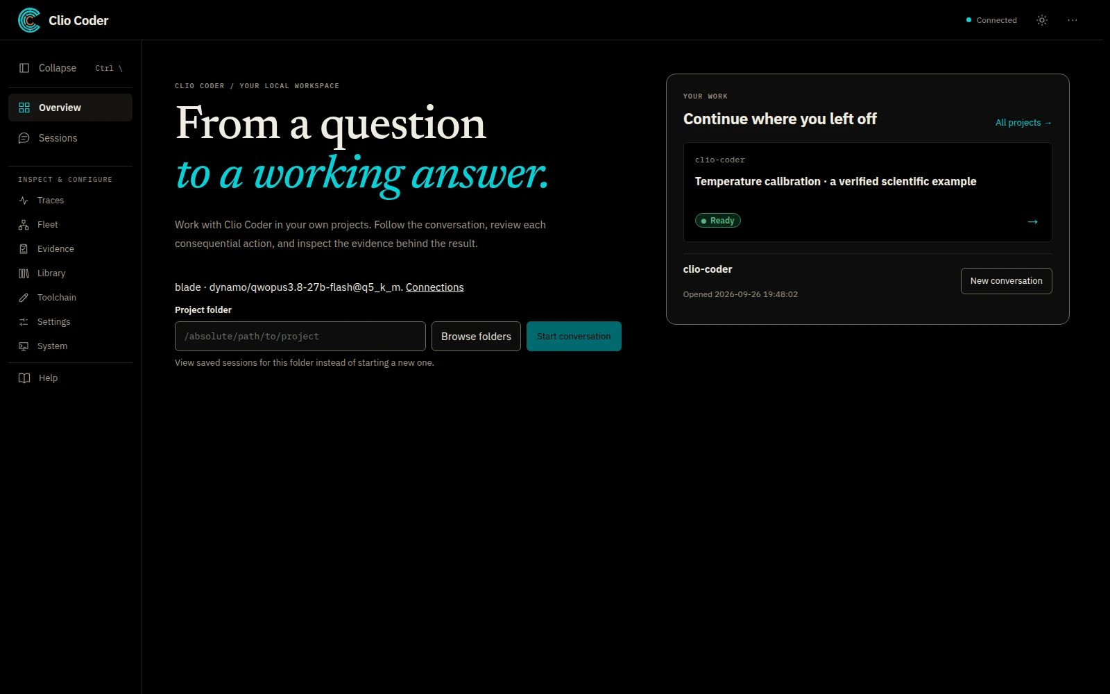 Clio Coder desktop overview with a temperature-calibration conversation ready to resume