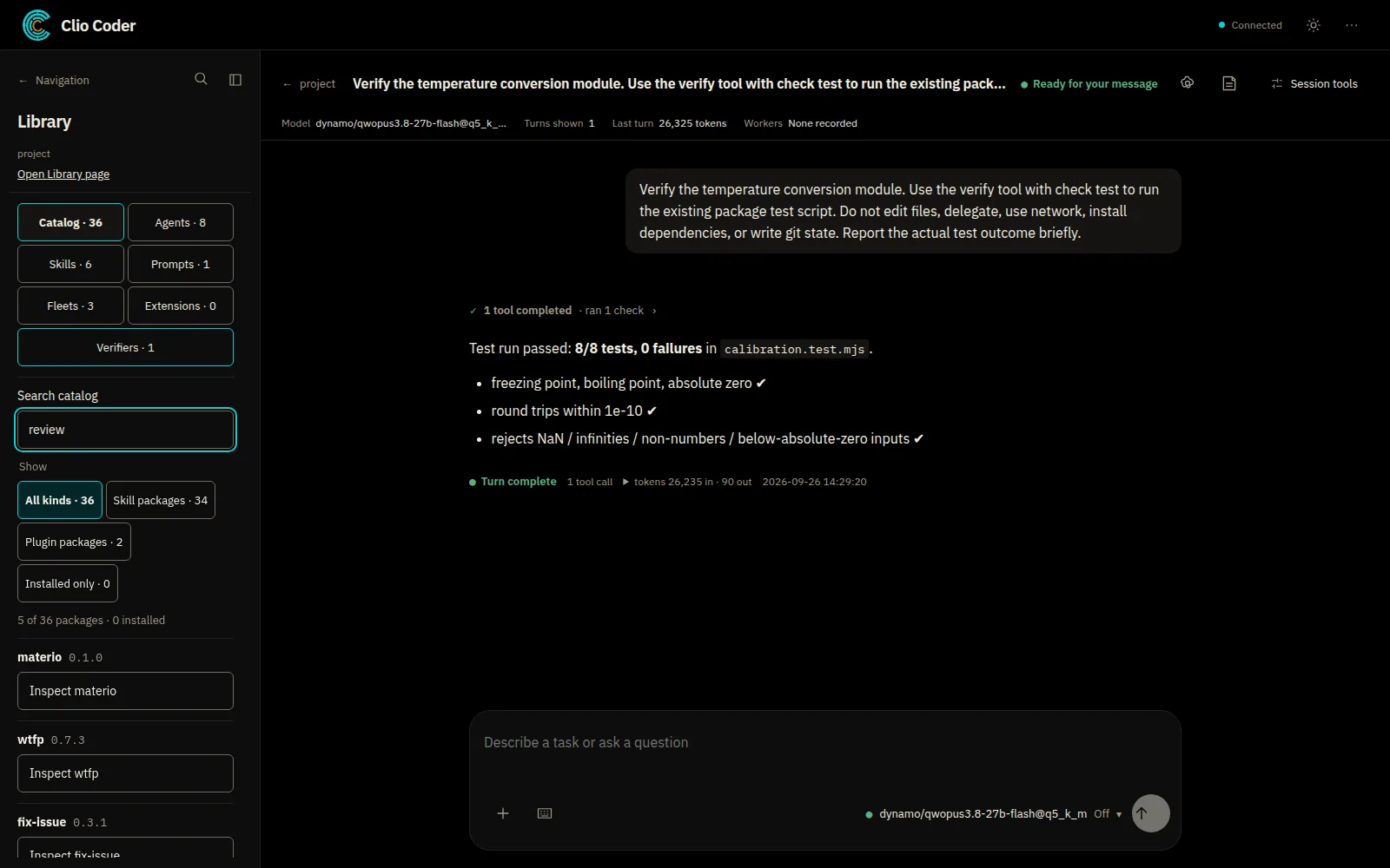 Clio Coder desktop Library panel with catalog, agent, skill, prompt, fleet, extension, and verifier counts, a catalog search, and packages with Inspect actions