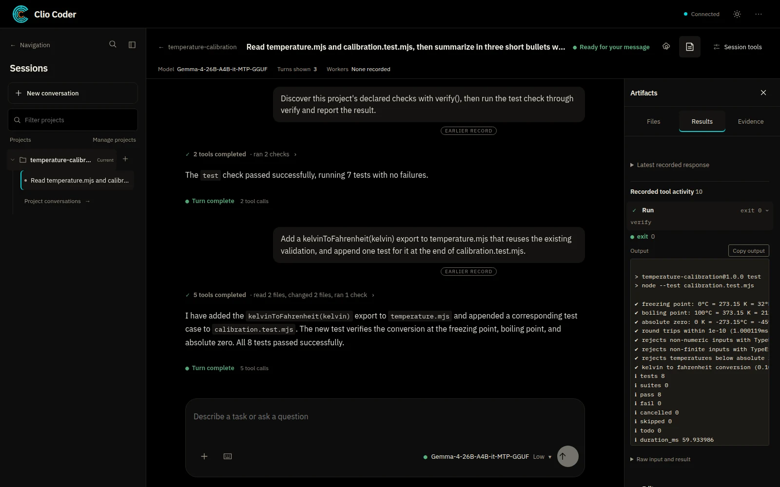 Desktop app with the Results panel showing a verify run that passed eight of eight tests beside the conversation.