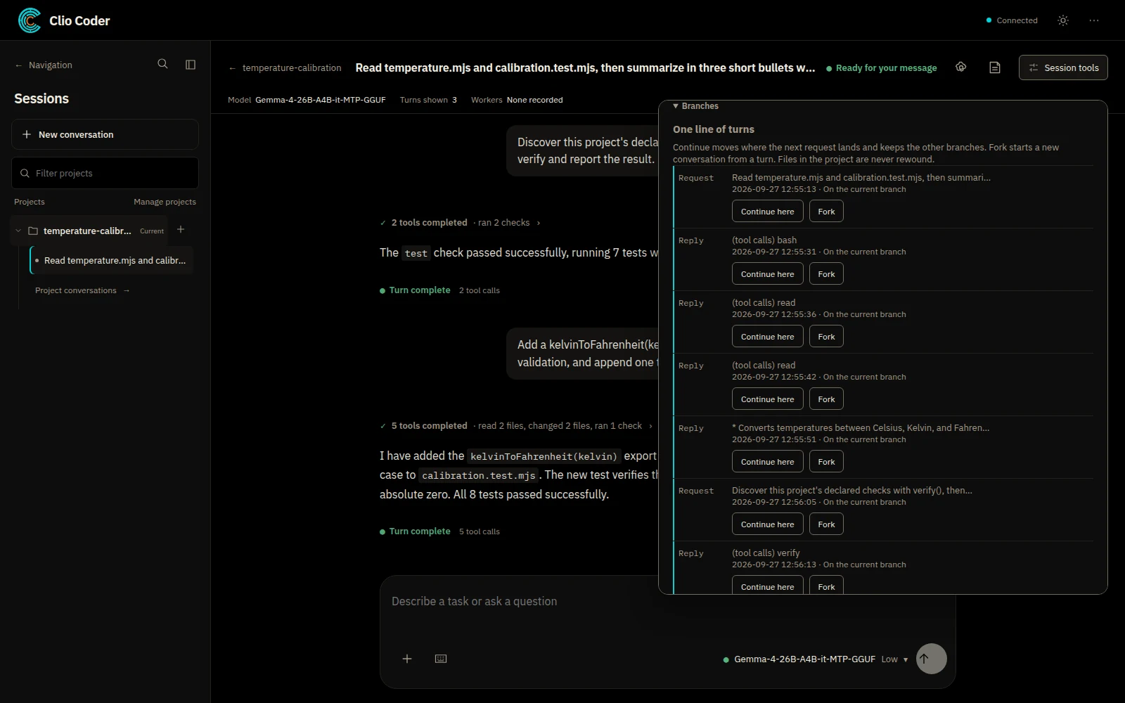 Desktop Branches list showing each turn of the conversation with Continue here and Fork buttons.