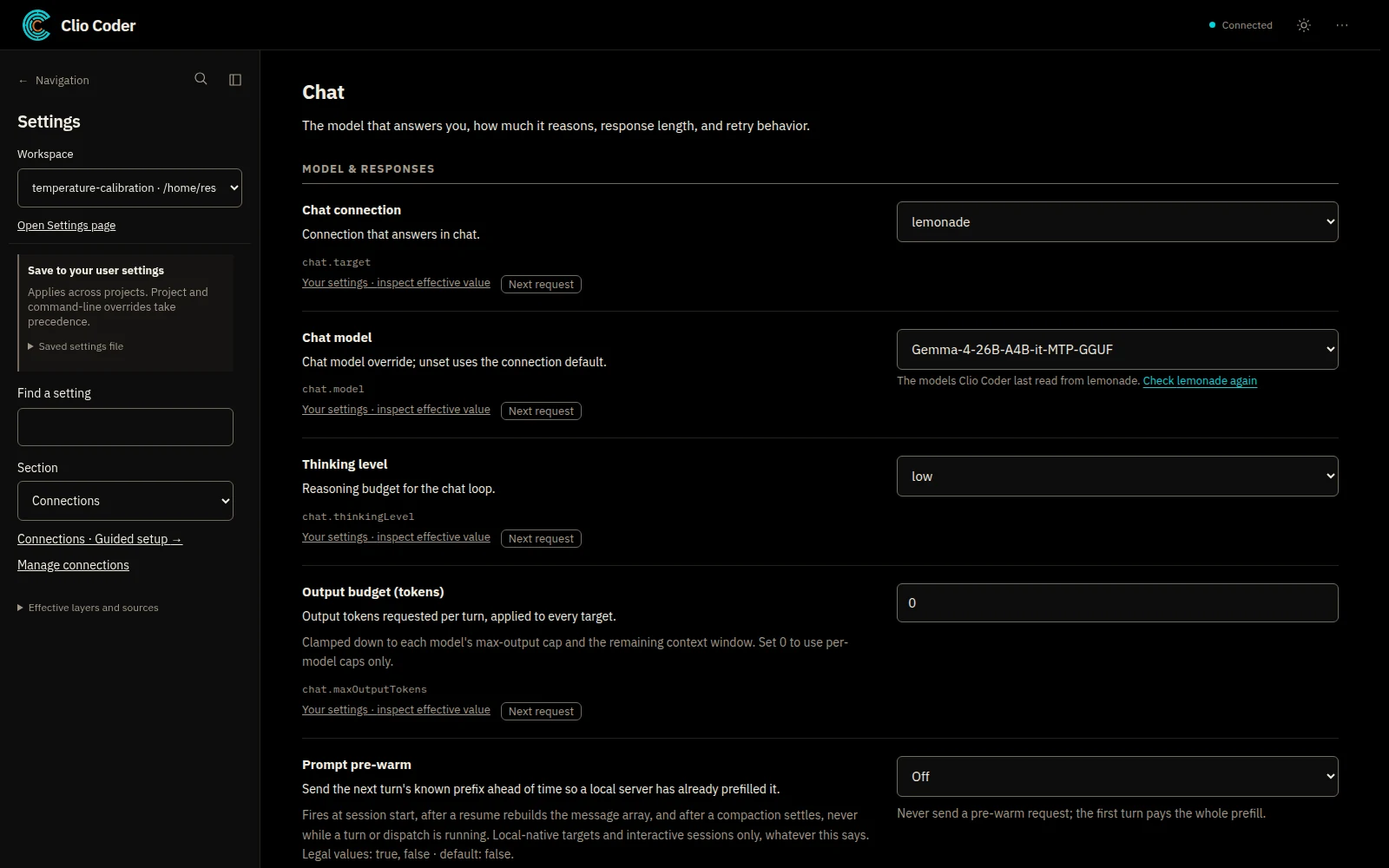Desktop settings page for Chat showing the chat connection and the chat model Gemma-4-26B-A4B-it-MTP-GGUF.