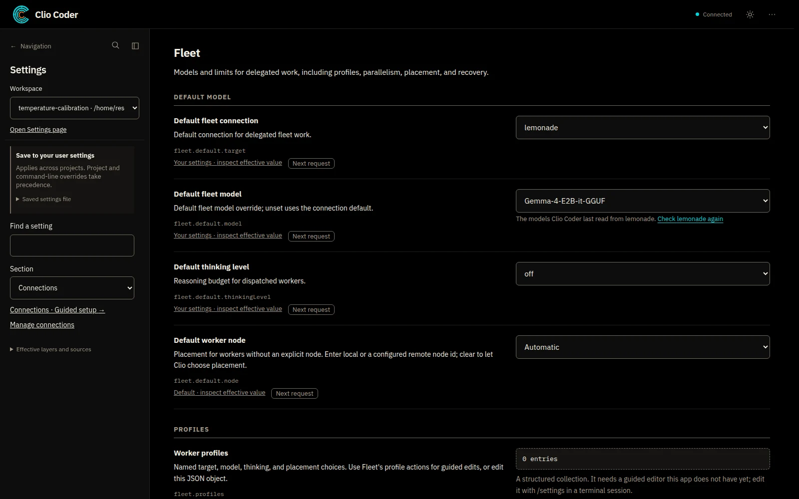 Desktop settings page for Fleet showing workers routed to the smaller Gemma-4-E2B-it-GGUF model on the same connection.
