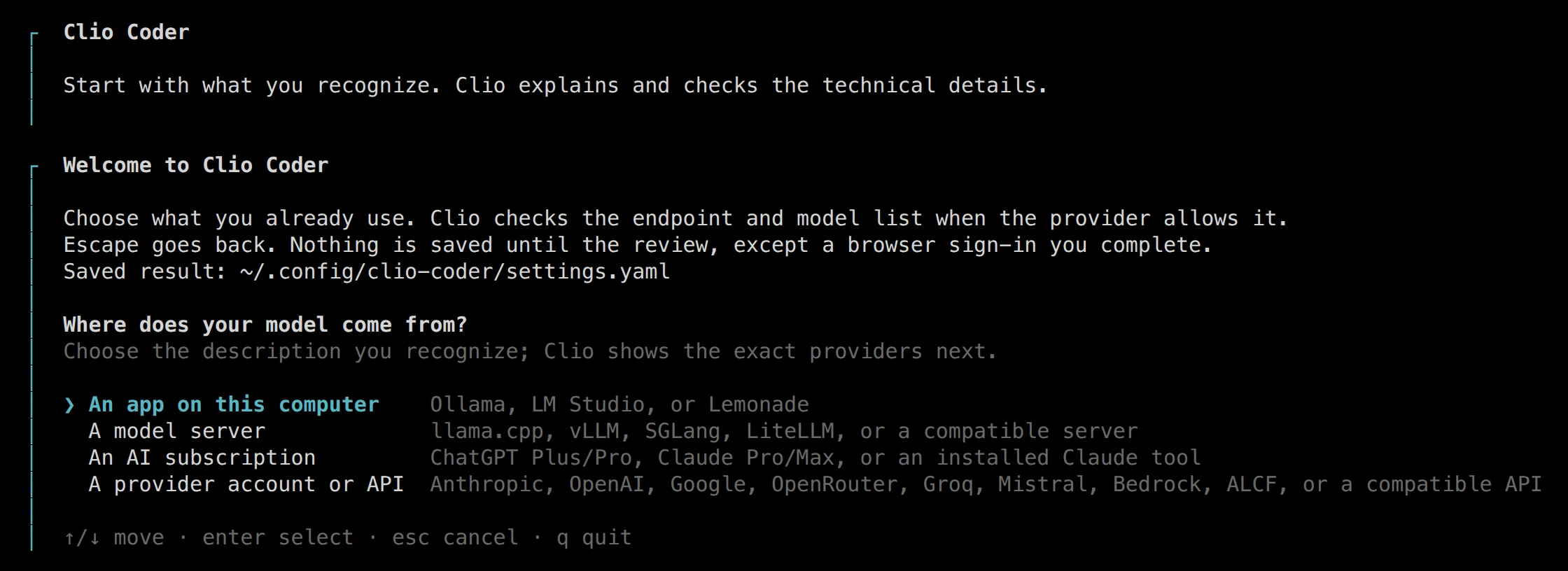 Clio Coder's terminal setup wizard asking where the model comes from, with four choices and the first one highlighted.