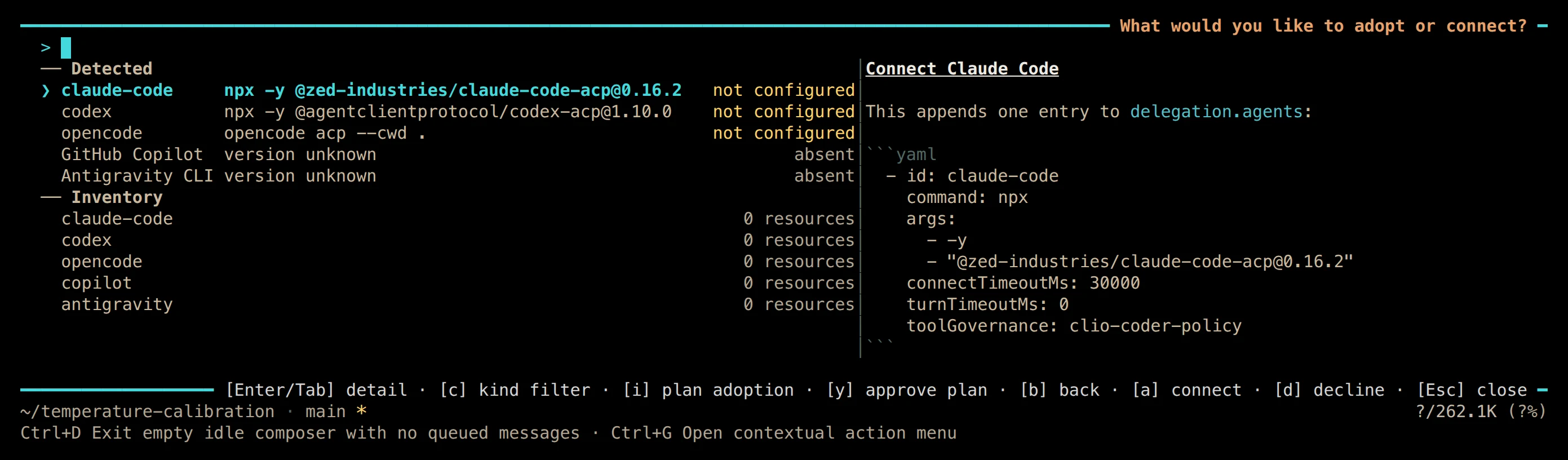 Terminal interop overlay listing detected coding agents with their connection status and a preview of the configuration Clio would add.