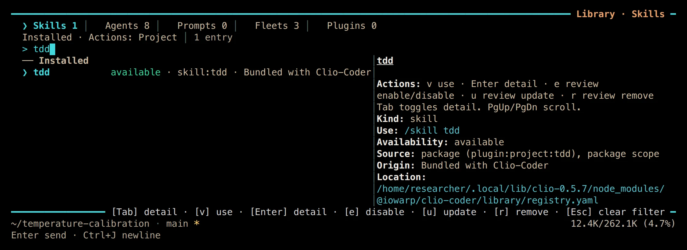 Terminal Library in Installed mode showing the tdd skill available at project scope.