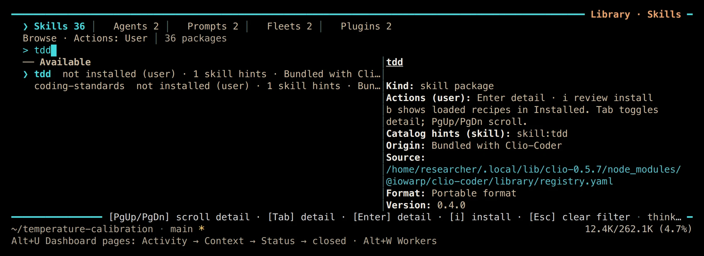 Terminal Library browser on the Skills tab filtered to the tdd skill with its details in a side panel.