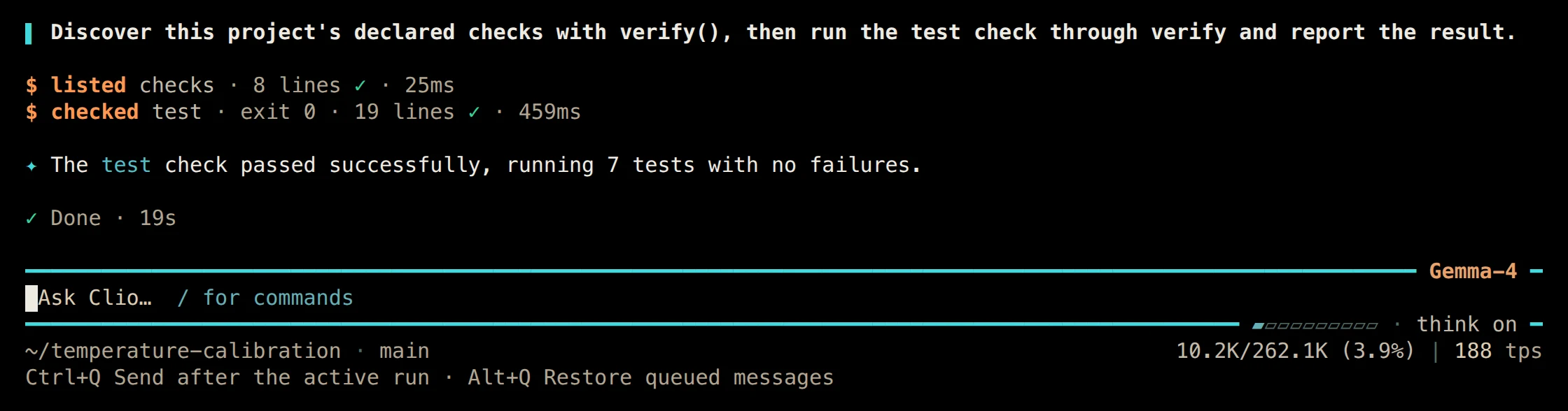 Terminal transcript showing Clio listing checks and running the test check with exit 0 and reporting seven passing tests.