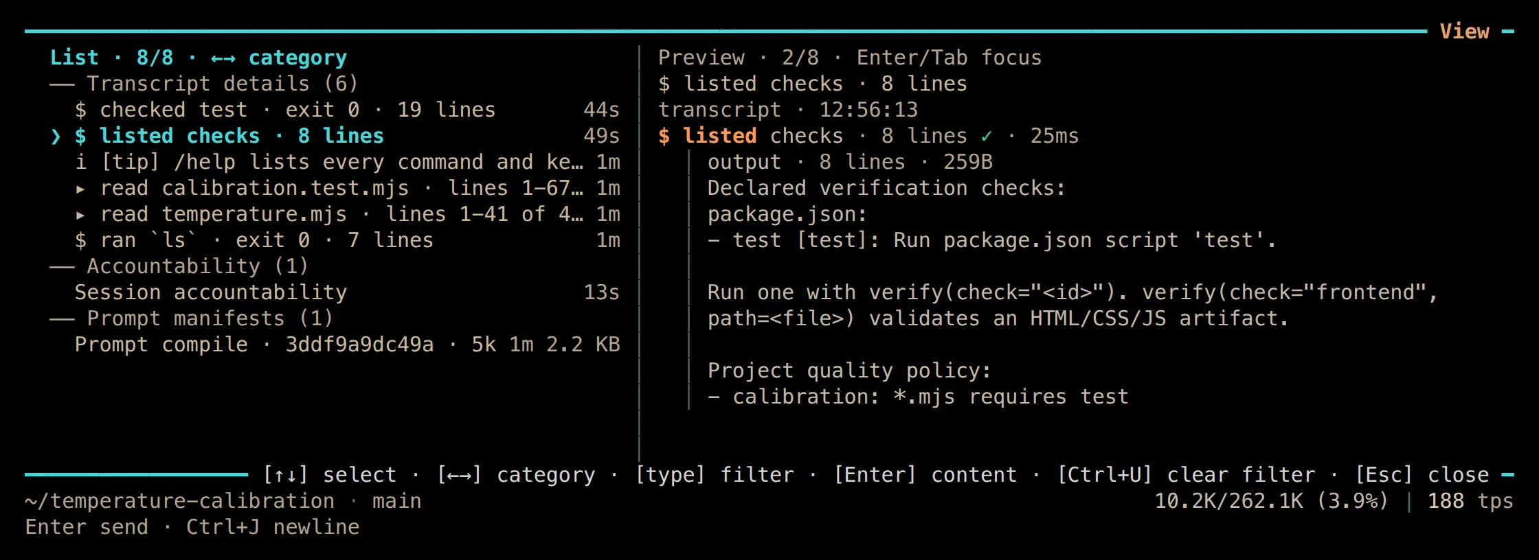 Terminal view overlay showing the declared test check and the project quality policy requiring the test check for .mjs changes.