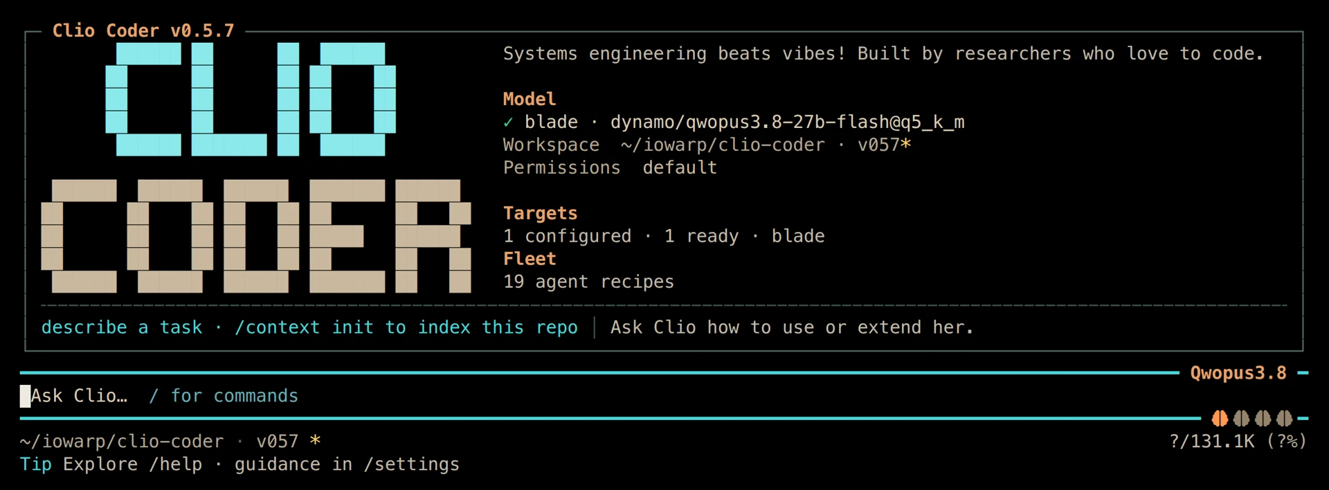 Clio Coder terminal workspace showing the connected model, project, composer, and keyboard shortcuts